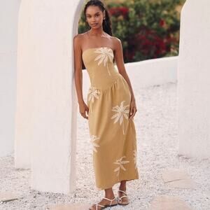 Anthropologie Celandine Linen Blend Strapless Drop-Waist Midi Dress Size XL